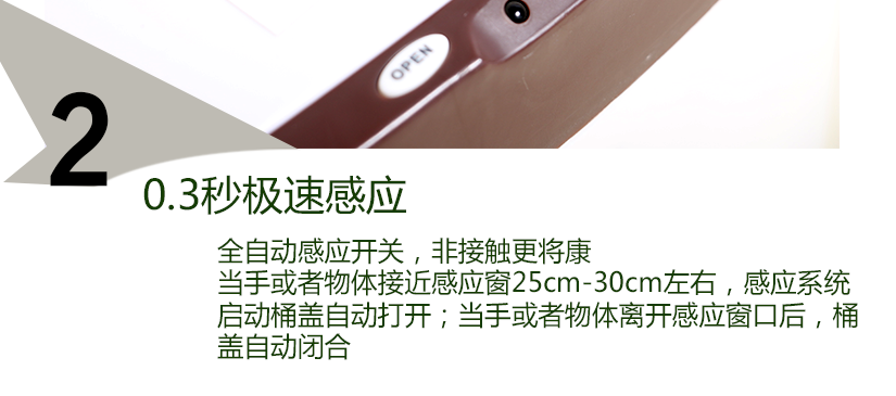 智能感应，感应速度快，当手接近感应窗25-30cm，桶盖会缓缓打开